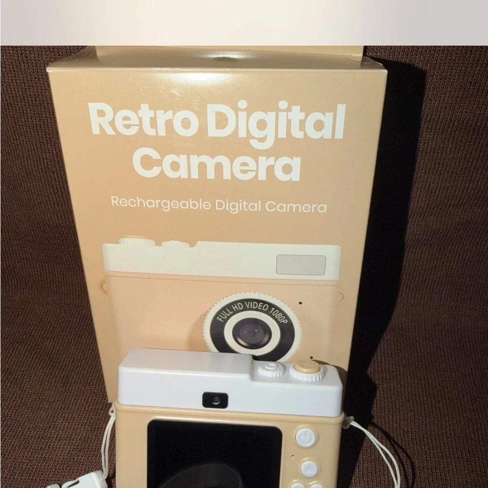 Retro-Style Digital Camera in Beige and White - Compact Point & Shoot,